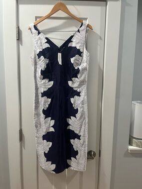 Banana Republic Sz 8 NWT Sleeveless Navy White Floral Sheath Dress Linen Blend